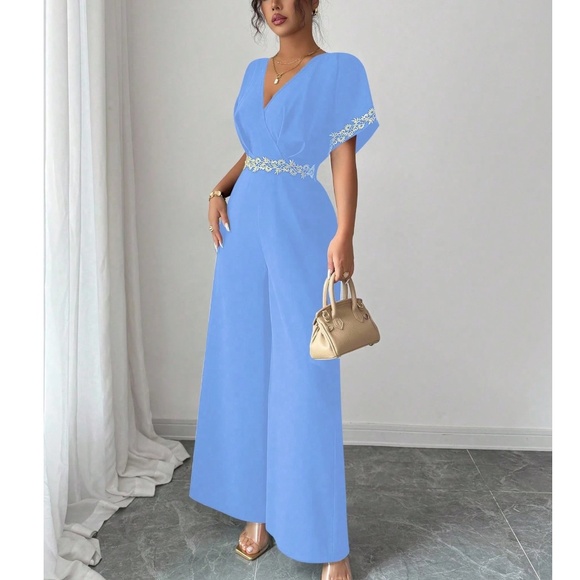 Classic V neck Floral lace Short Sleeve Stretchy Waist Wide Leg Jumpsuit - Picture 9 of 10